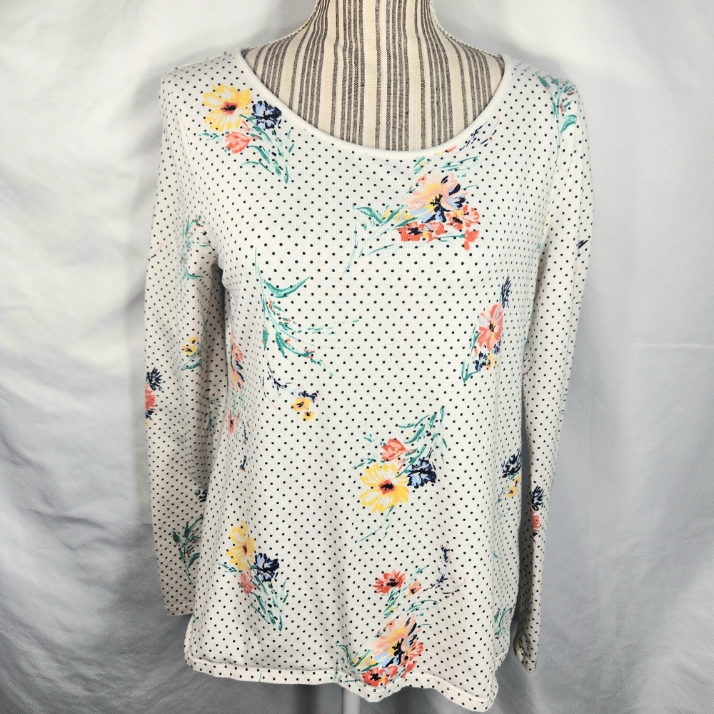 White House Black Market White w/Black Polka-dots Multi Floral Print Top Medium